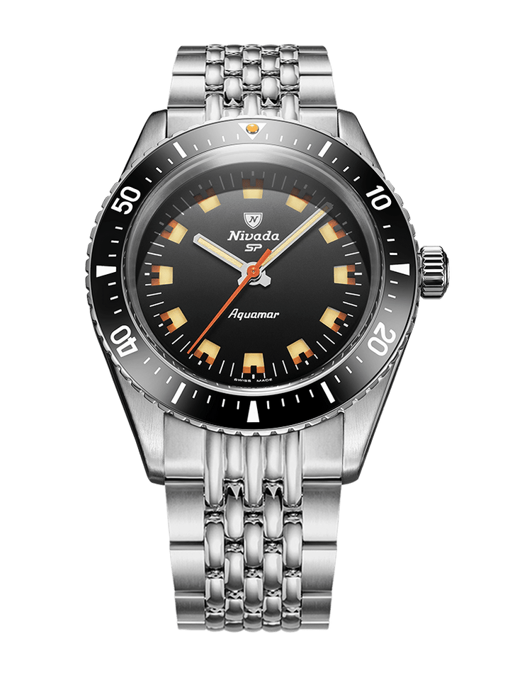 Nivada Grenchen Antarctic Diver Aquamar Black 38mm Edelstahlarmband Beads of Rice 32068A04 - Zifferblatt Schwarz, Armband Stahl