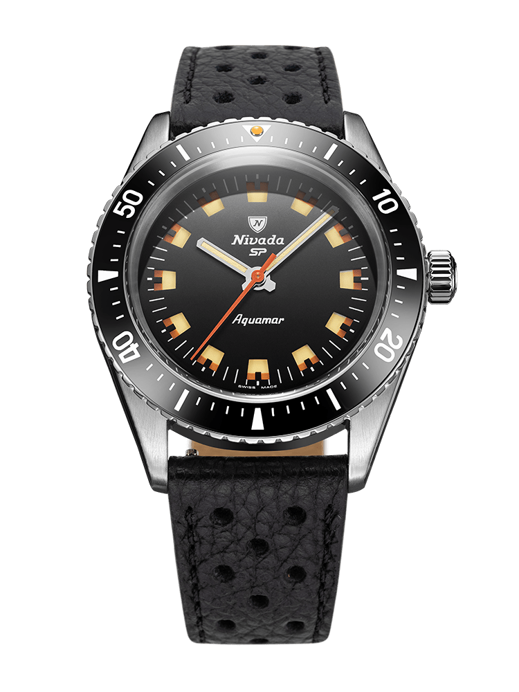 Nivada Grenchen Antarctic Diver Aquamar Black 38mm Racing-Armband Schwarz 32068A10 - Zifferblatt Schwarz, Armband Leder