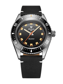 Nivada Grenchen Antarctic Diver Aquamar Black 38mm Lederarmband Schwarz weiße Naht 32068A15 - Zifferblatt Schwarz, Armband Leder