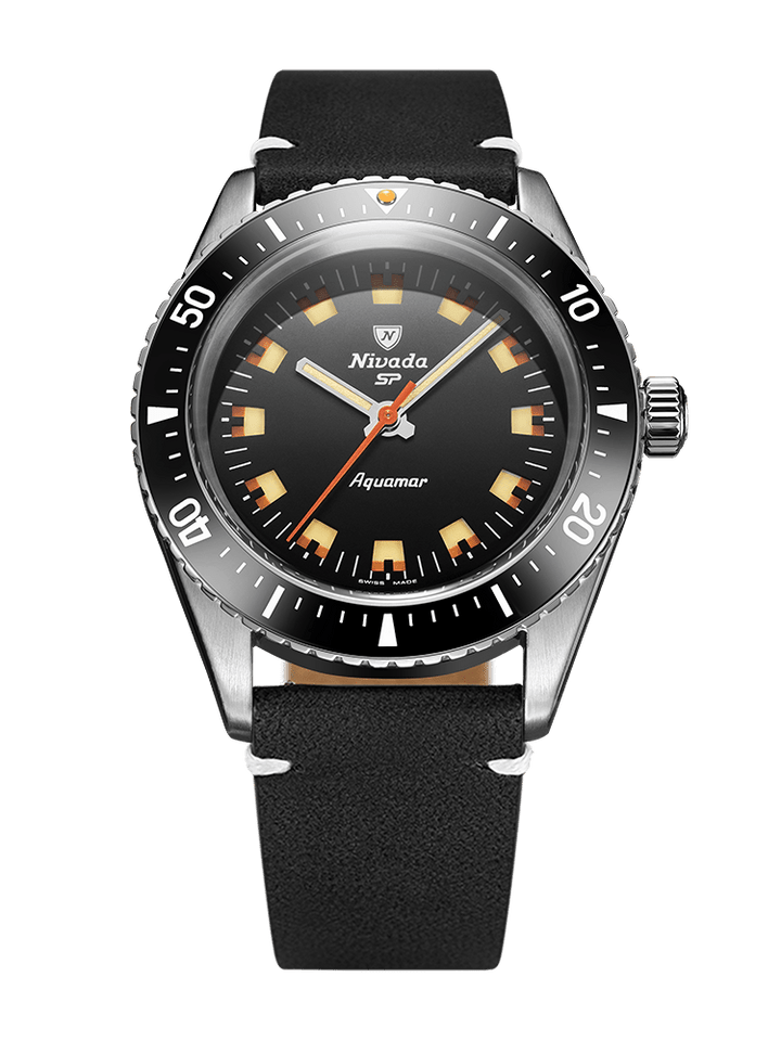Nivada Grenchen Antarctic Diver Aquamar Black 38mm Lederarmband Schwarz weiße Naht 32068A15 - Zifferblatt Schwarz, Armband Leder