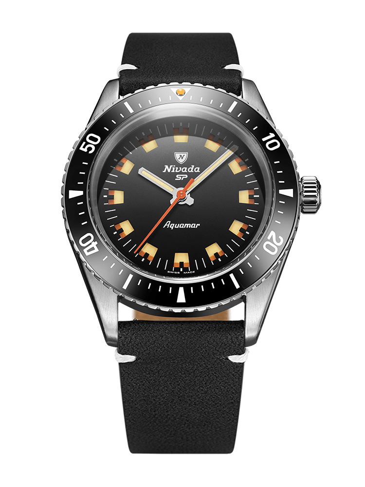 Nivada Grenchen Antarctic Diver Aquamar Black 38mm Lederarmband Schwarz weiße Naht 32068A15 - Zifferblatt Schwarz, Armband Leder