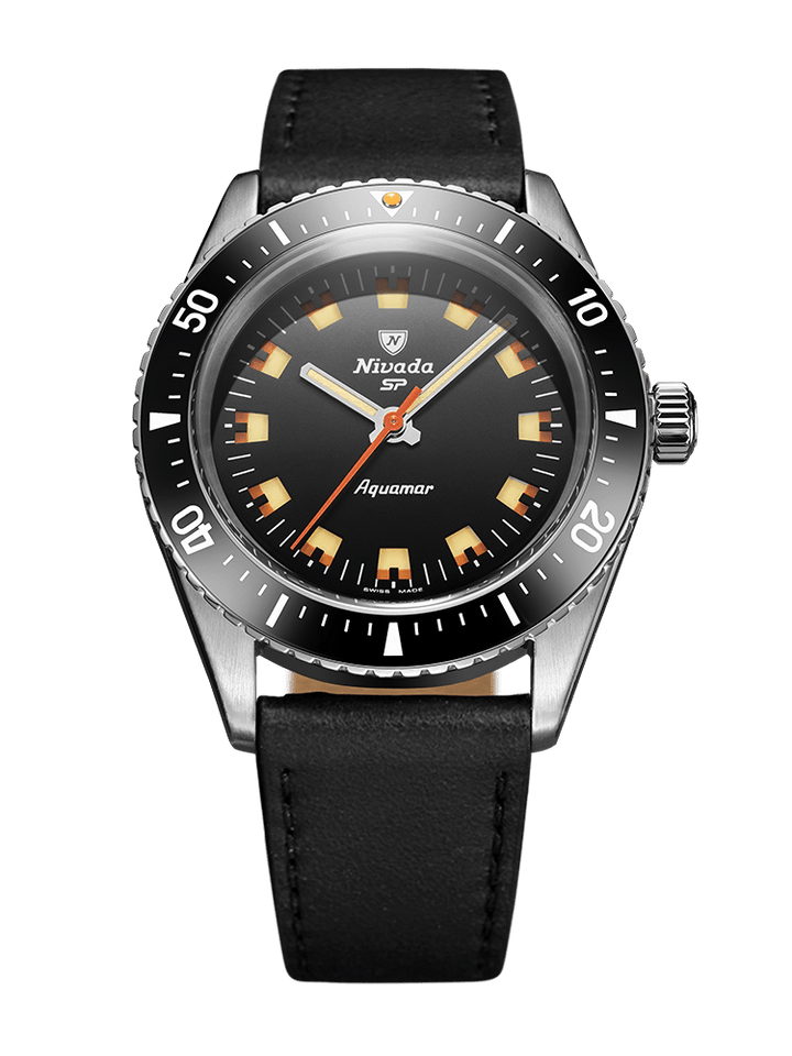 Nivada Grenchen Antarctic Diver Aquamar Black 38mm Lederarmband Schwarz 32068A17 - Zifferblatt Schwarz, Armband Leder