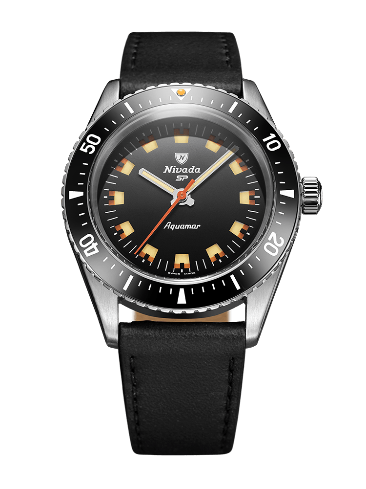 Nivada Grenchen Antarctic Diver Aquamar Black 38mm Lederarmband Schwarz 32068A17 - Zifferblatt Schwarz, Armband Leder