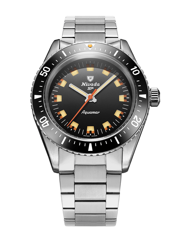 Nivada Grenchen Antarctic Diver Aquamar Black 38mm Edelstahlarmband Flat Link 32068A20 - Zifferblatt Schwarz, Armband Stahl