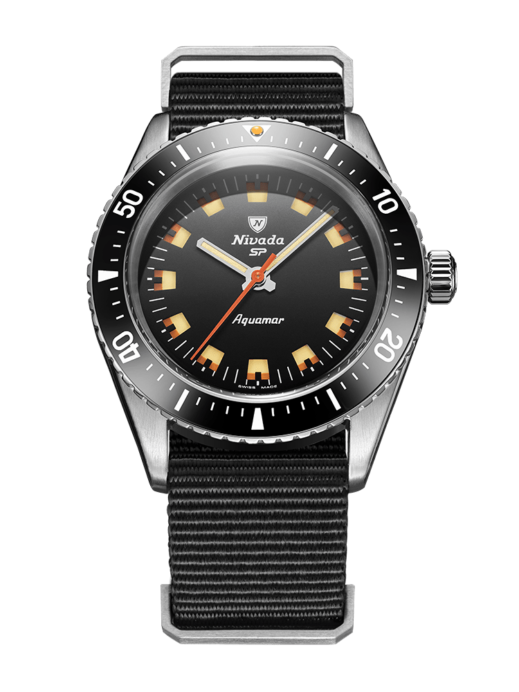Nivada Grenchen Antarctic Diver Aquamar Black 38mm Nato-Armband Schwarz 32068A36 - Zifferblatt Schwarz, Armband Textil