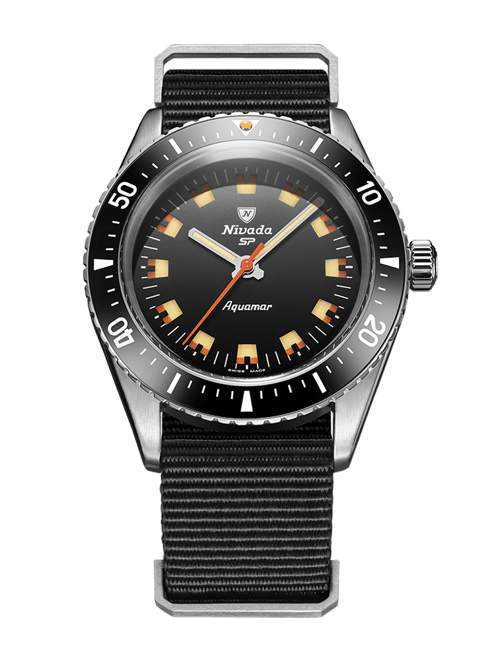 Nivada Grenchen Antarctic Diver Aquamar Black 38mm Nato-Armband Schwarz 32068A36 - Zifferblatt Schwarz, Armband Textil