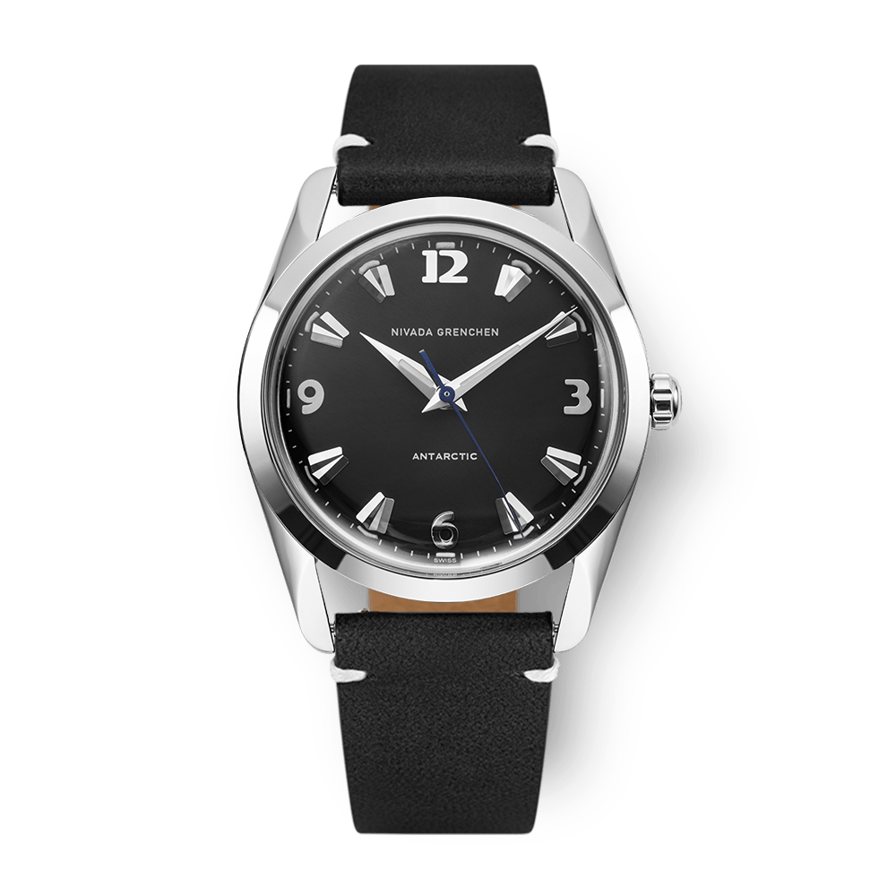 Nivada Grenchen Antarctic Black 35mm 35002M15 - Lederarmband Schwarz weiße Naht