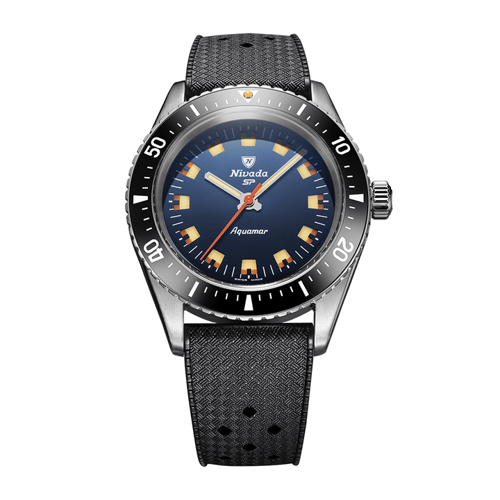 Nivada Grenchen Antarctic Diver Aquamar Blue 38mm 32074A01 - Kautschukarmband Tropic Schwarz