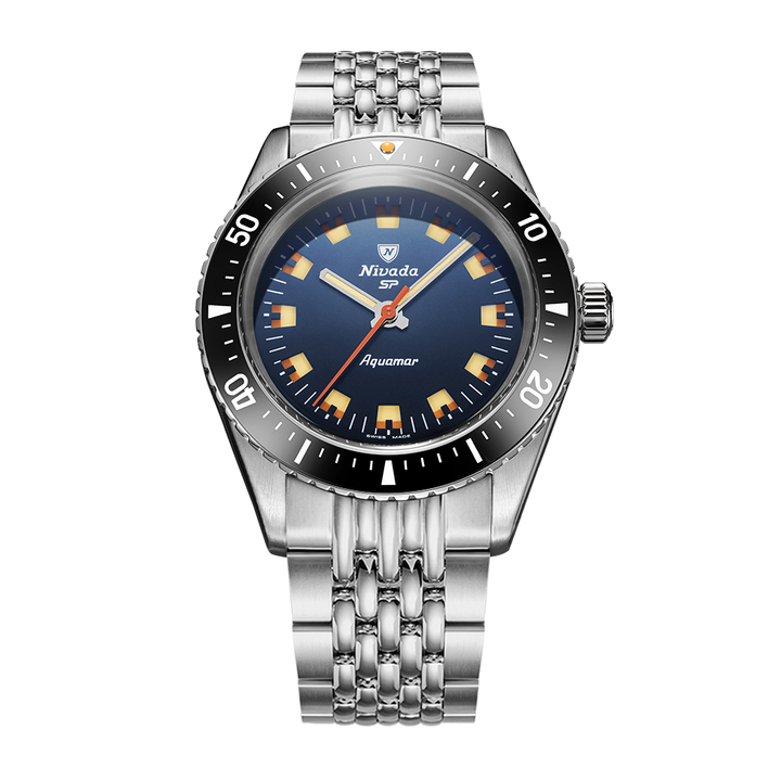 Nivada Grenchen Antarctic Diver Aquamar Blue 38mm 32074A04 - Edelstahlarmband Beads of Rice
