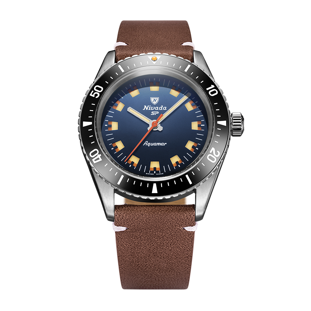 Nivada Grenchen Antarctic Diver Aquamar Blue 38mm 32074A14 - Lederarmband Braun weiße Naht