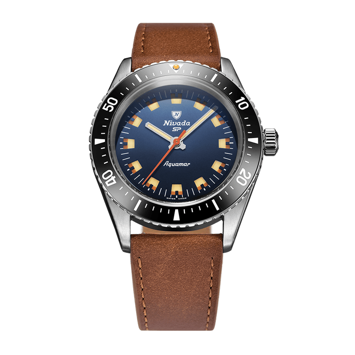 Nivada Grenchen Antarctic Diver Aquamar Blue 38mm 32074A16 - Lederarmband Braun