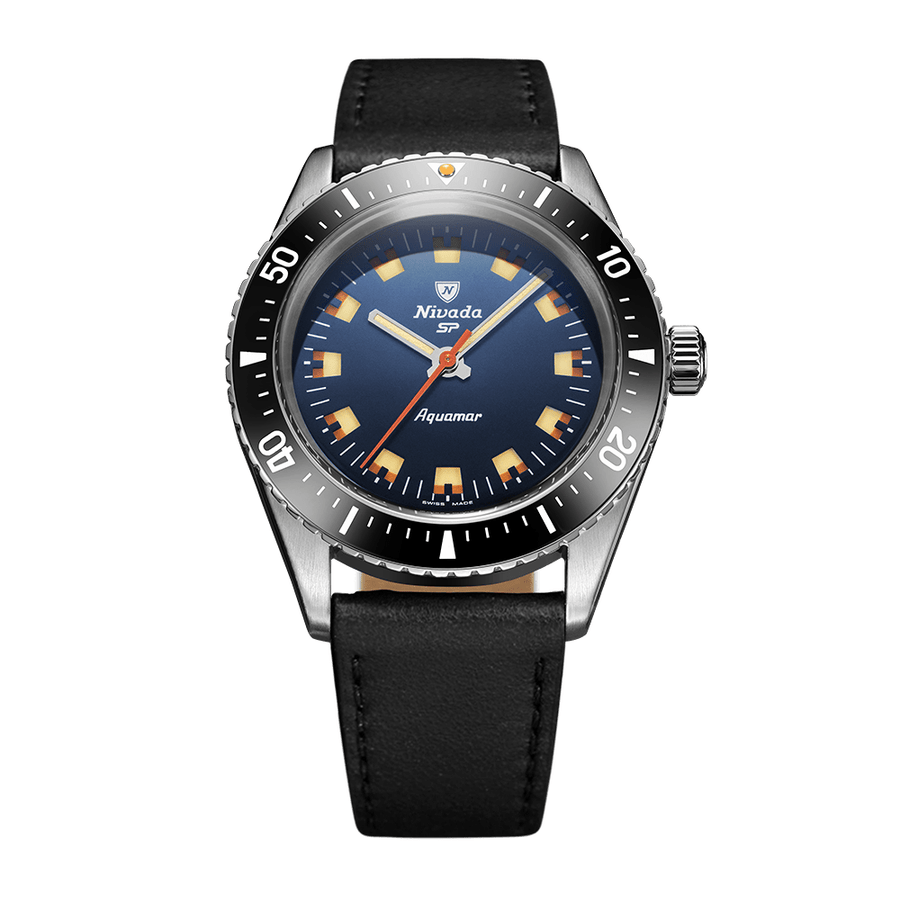 Nivada Grenchen Antarctic Diver Aquamar Blue 38mm 32074A17 - Lederarmband Schwarz