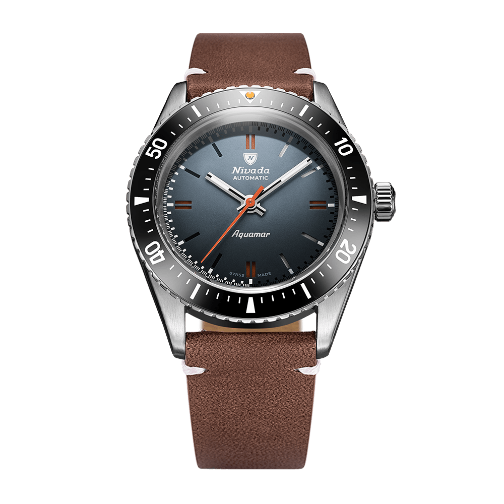 Nivada Grenchen Antarctic Diver Aquamar Grey 38mm 32077A14 - Lederarmband Braun weiße Naht