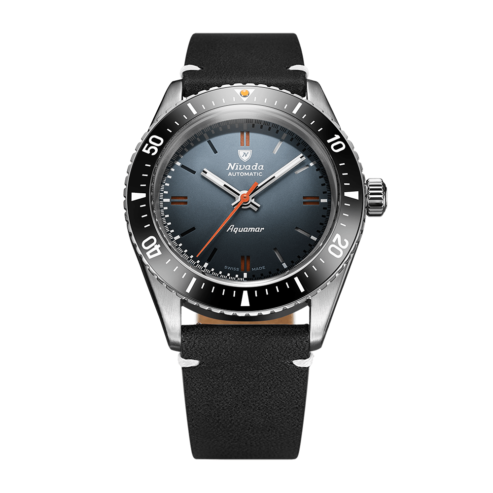 Nivada Grenchen Antarctic Diver Aquamar Grey 38mm 32077A15 - Lederarmband Schwarz weiße Naht