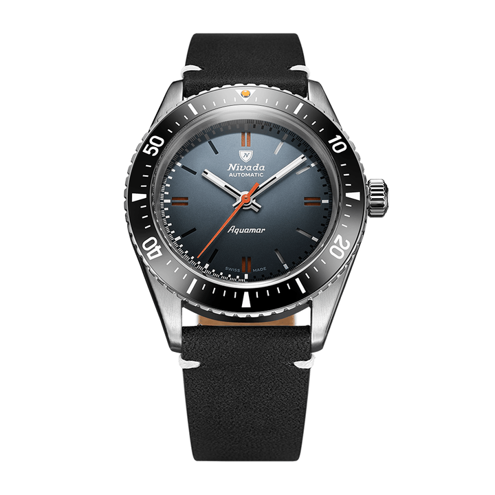 Nivada Grenchen Antarctic Diver Aquamar Grey 38mm 32077A15 - Lederarmband Schwarz weiße Naht