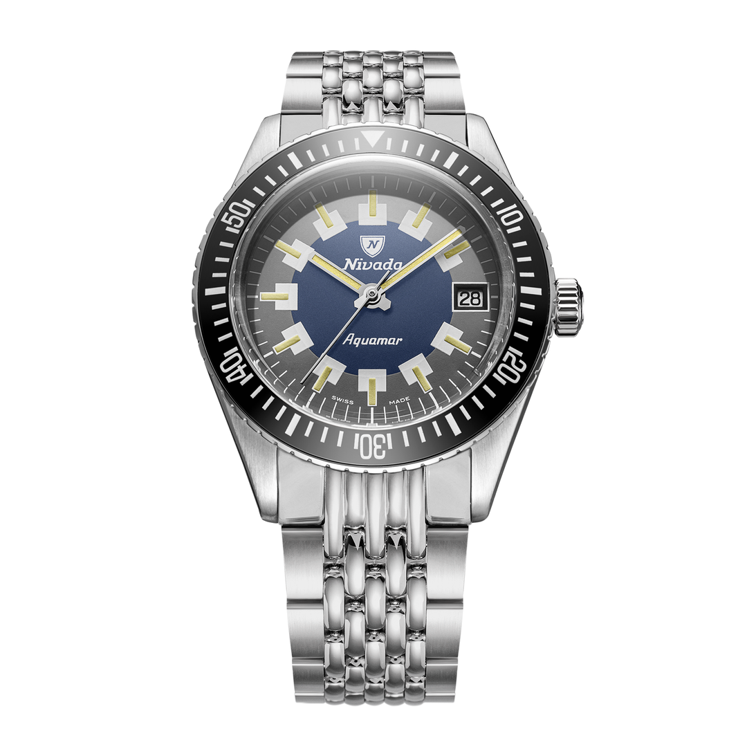 Nivada Grenchen Antarctic Diver Aquamar Vintage 38mm 32062A04 - Edelstahlarmband Beads of Rice
