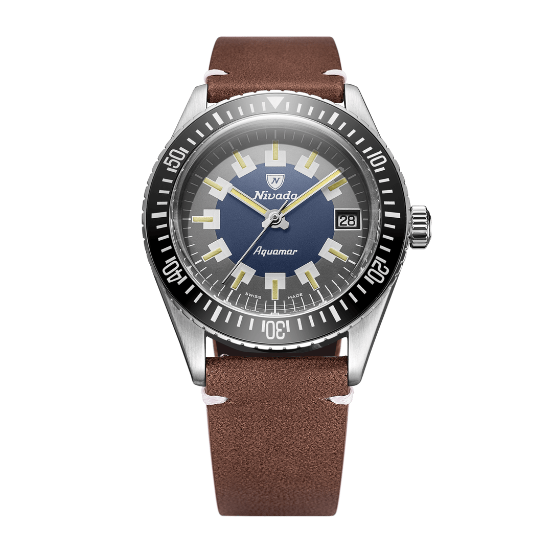 Nivada Grenchen Antarctic Diver Aquamar Vintage 38mm 32062A14 - Lederarmband Braun weiße Naht