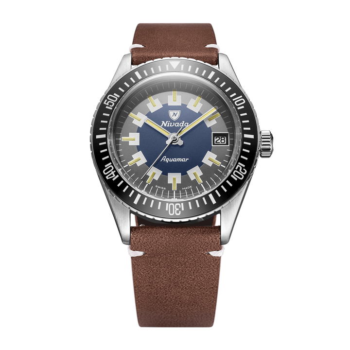 Nivada Grenchen Antarctic Diver Aquamar Vintage 38mm 32062A14 - Lederarmband Braun weiße Naht