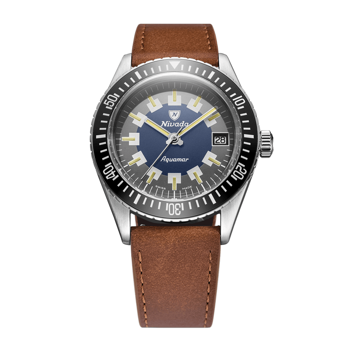 Nivada Grenchen Antarctic Diver Aquamar Vintage 38mm 32062A16 - Lederarmband Braun