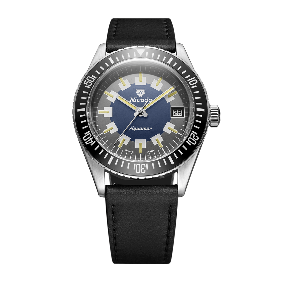 Nivada Grenchen Antarctic Diver Aquamar Vintage 38mm 32062A17 - Lederarmband Schwarz