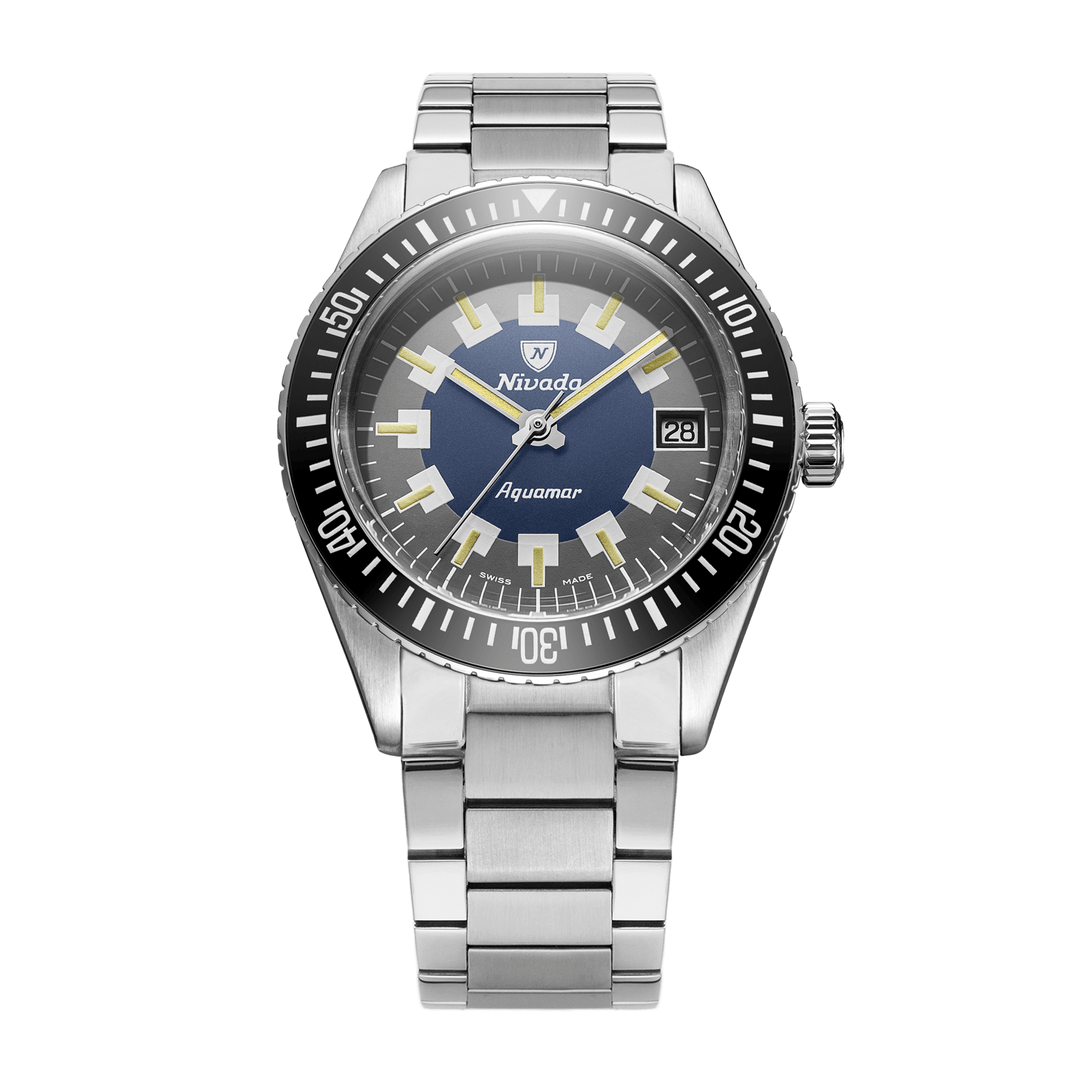 Nivada Grenchen Antarctic Diver Aquamar Vintage 38mm 32062A20 - Edelstahlarmband Flat Link
