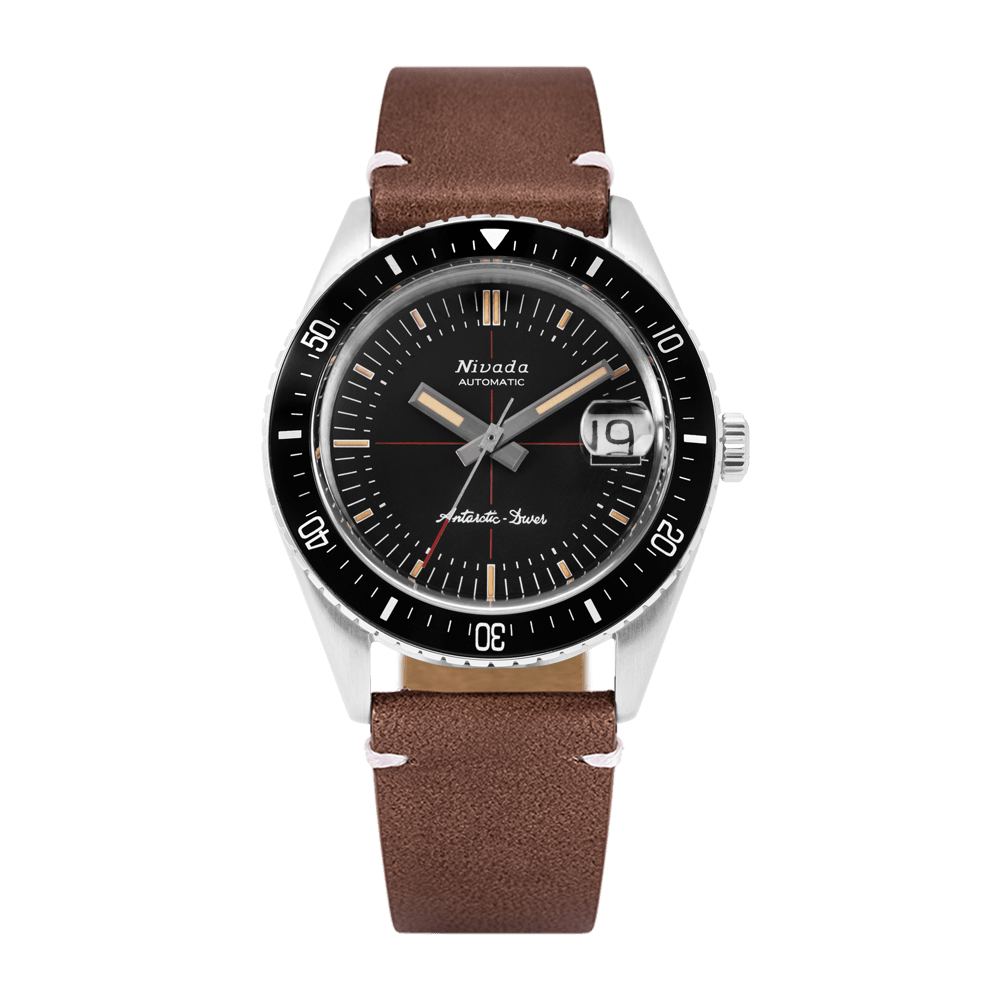 Nivada Grenchen Antarctic Diver Black 38mm 32038A14 - Lederarmband Braun weiße Naht