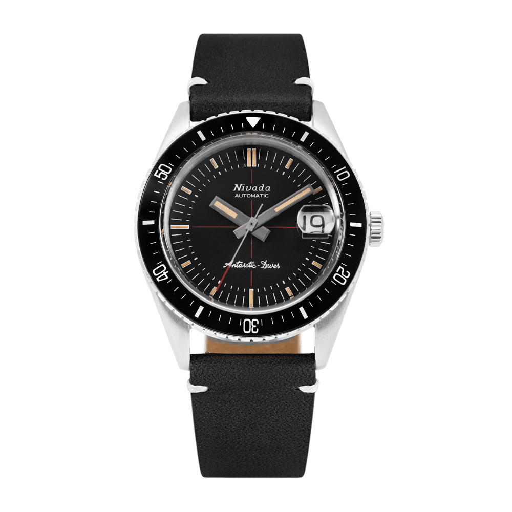 Nivada Grenchen Antarctic Diver Black 38mm 32038A15 - Lederarmband Schwarz weiße Naht