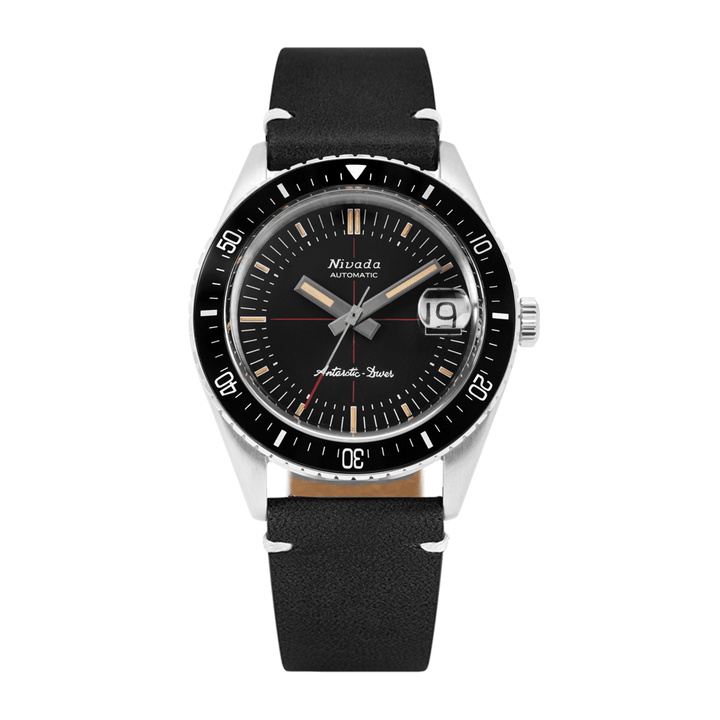 Nivada Grenchen Antarctic Diver Black 38mm 32038A15 - Lederarmband Schwarz weiße Naht