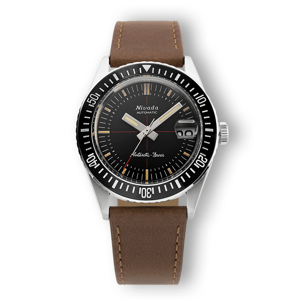 Nivada Grenchen Antarctic Diver Black 38mm 32038A16 - Lederarmband Braun