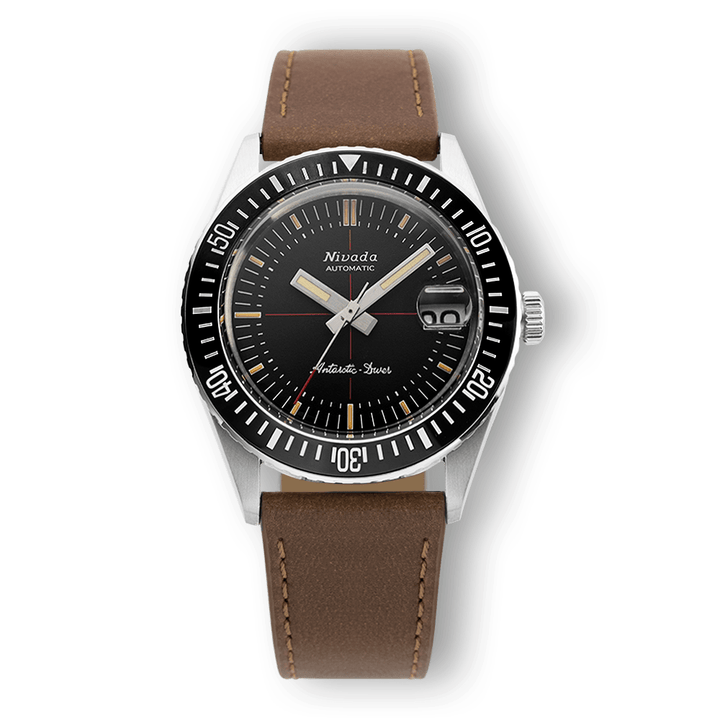 Nivada Grenchen Antarctic Diver Black 38mm 32038A16 - Lederarmband Braun