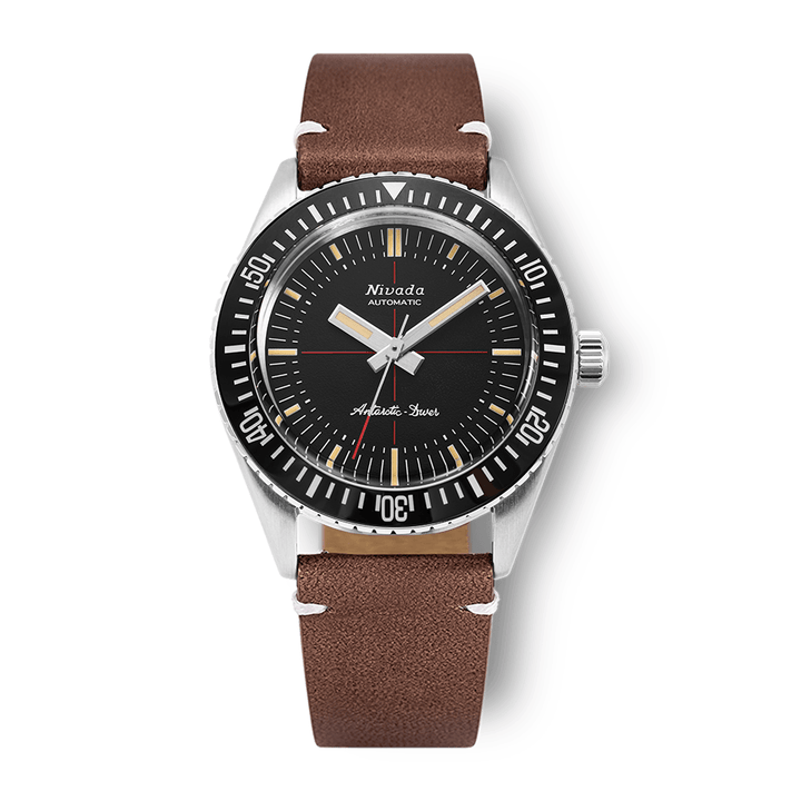 Nivada Grenchen Antarctic Diver Black No Date 38mm 32044A14 - Lederarmband Braun weiße Naht