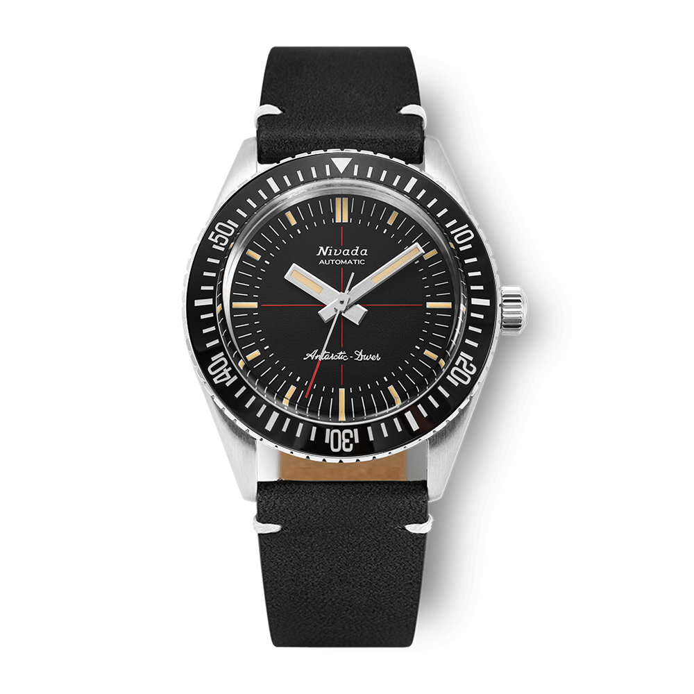 Nivada Grenchen Antarctic Diver Black No Date 38mm 32044A15 - Lederarmband Schwarz weiße Naht