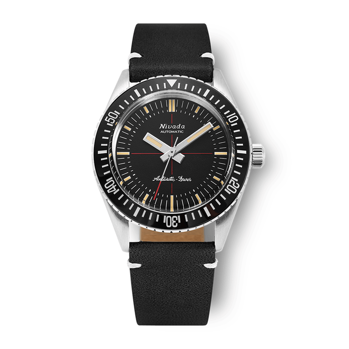 Nivada Grenchen Antarctic Diver Black No Date 38mm 32044A15 - Lederarmband Schwarz weiße Naht