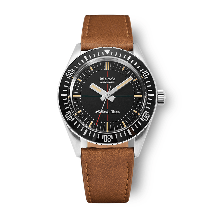 Nivada Grenchen Antarctic Diver Black No Date 38mm 32044A16 - Lederarmband Braun