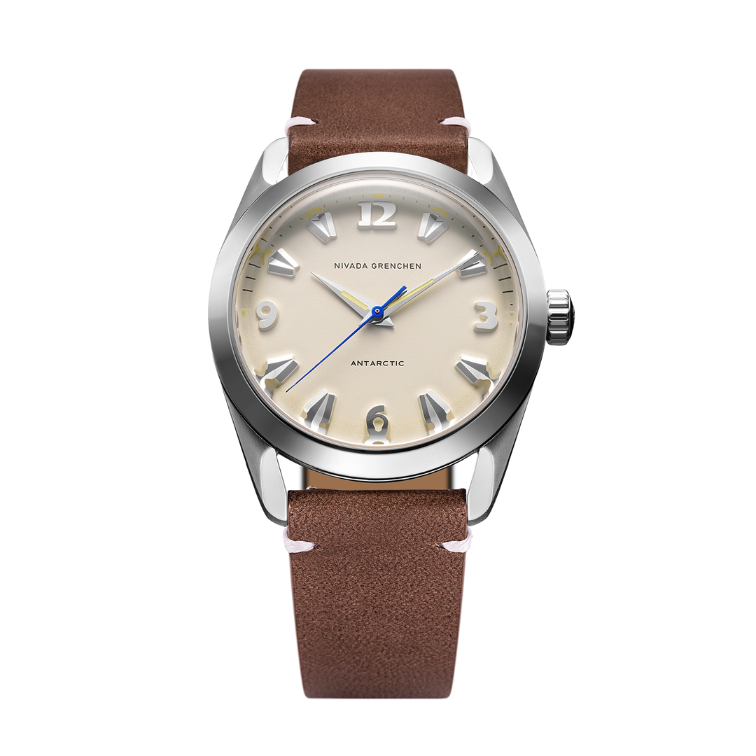 Nivada Grenchen Antarctic Eggshell Beige 35mm 35001M14 - Lederarmband Braun weiße Naht