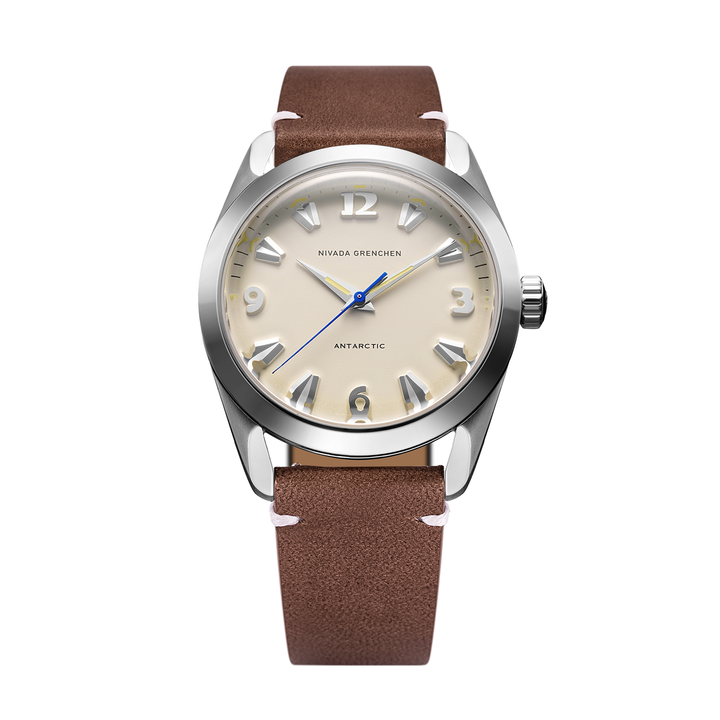 Nivada Grenchen Antarctic Eggshell Beige 35mm 35001M14 - Lederarmband Braun weiße Naht