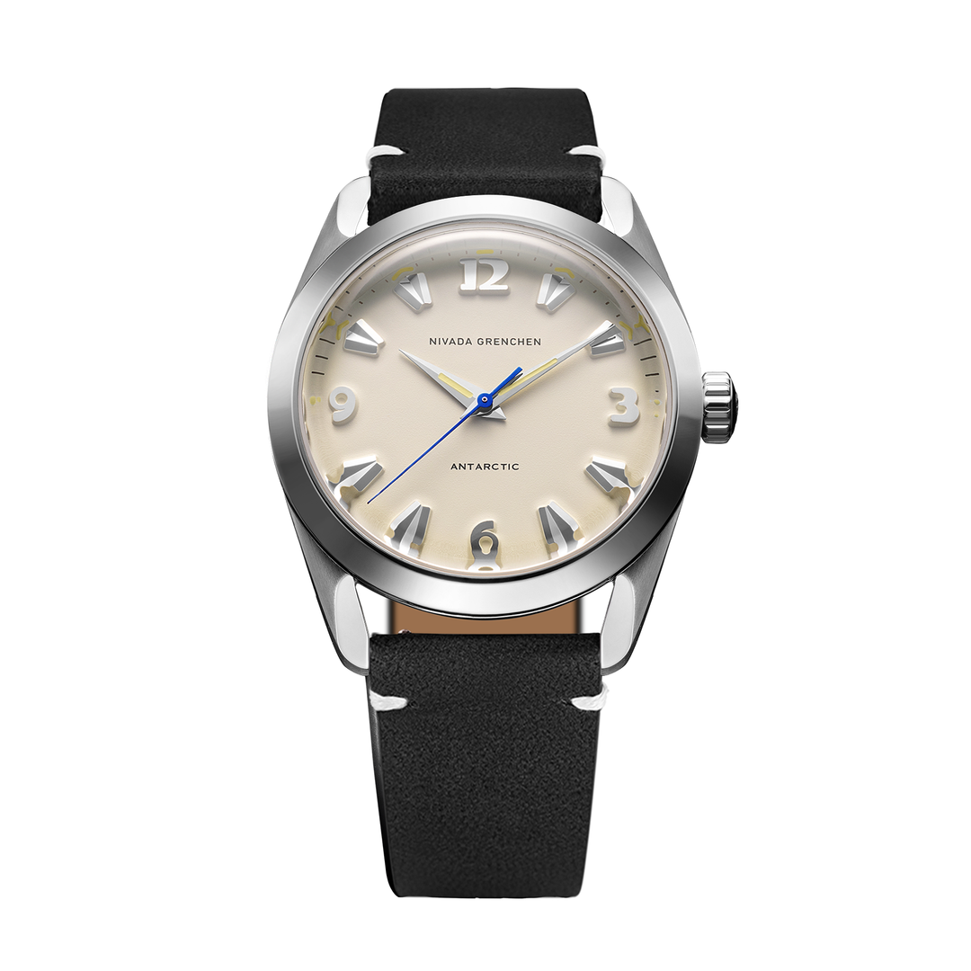 Nivada Grenchen Antarctic Eggshell Beige 35mm 35001M15 - Lederarmband Schwarz weiße Naht