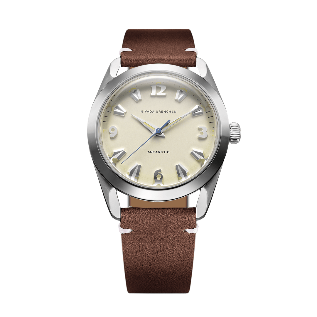 Nivada Grenchen Antarctic Eggshell Beige 38mm 32080A14 - Lederarmband Braun weiße Naht