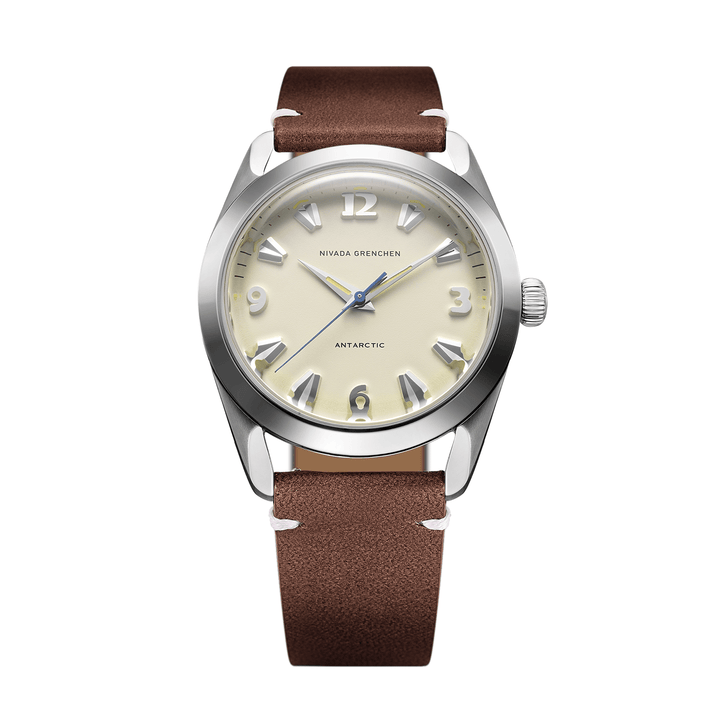 Nivada Grenchen Antarctic Eggshell Beige 38mm 32080A14 - Lederarmband Braun weiße Naht