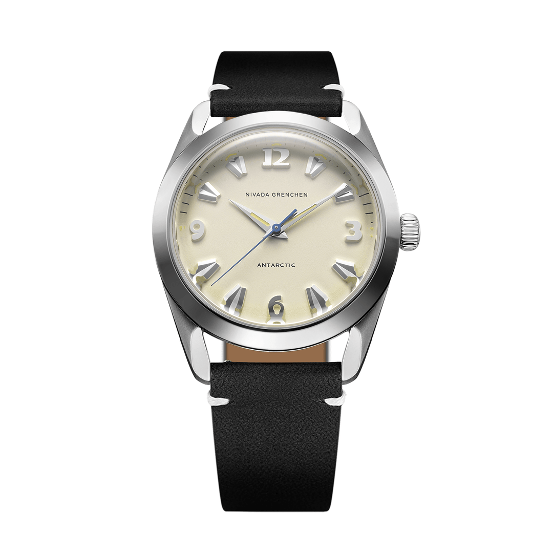 Nivada Grenchen Antarctic Eggshell Beige 38mm 32080A15 - Lederarmband Schwarz weiße Naht