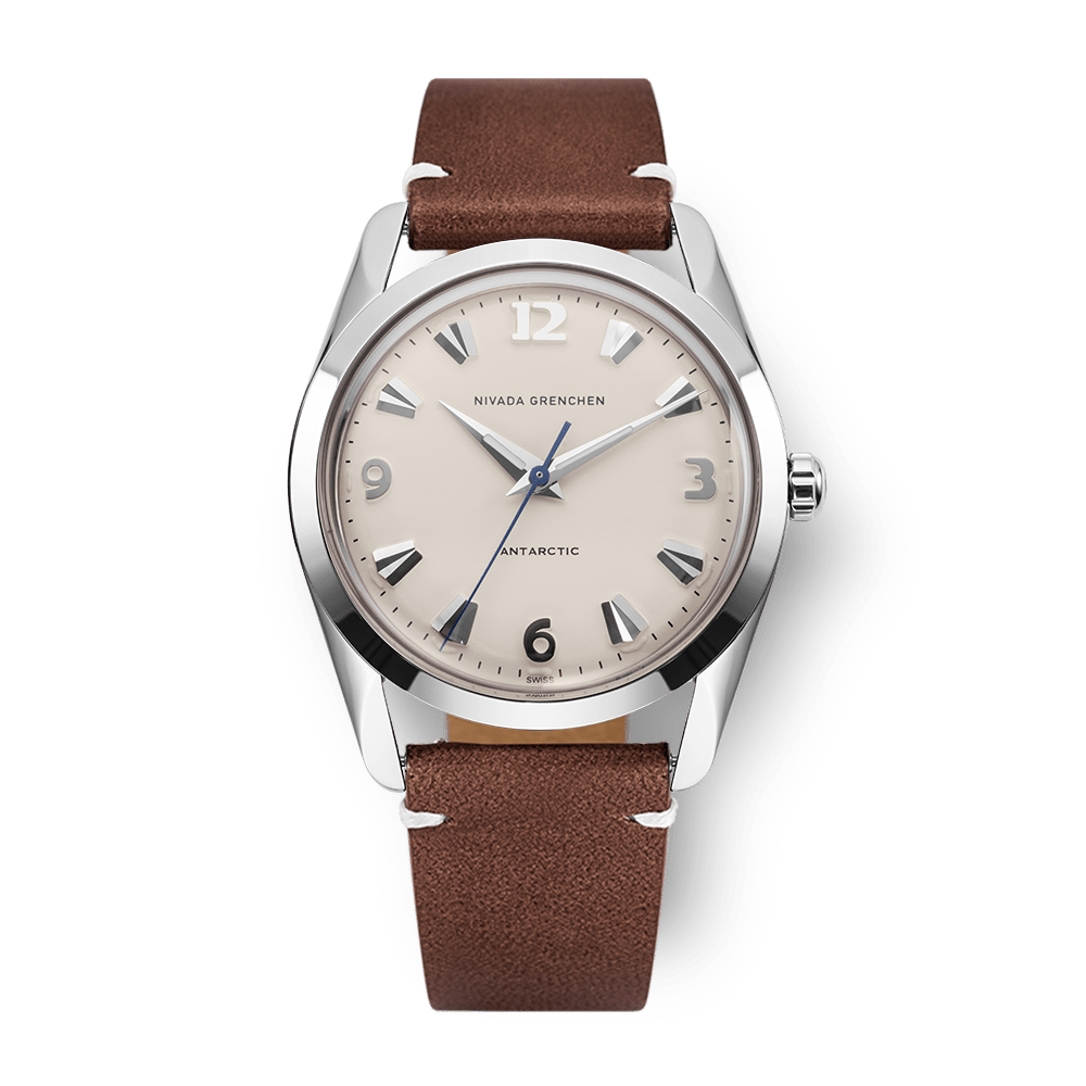Nivada Grenchen Antarctic Eggshell White 35mm 35004M14 - Lederarmband Braun weiße Naht