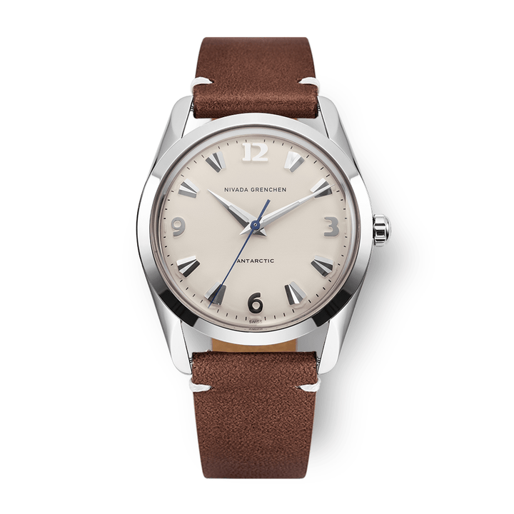 Nivada Grenchen Antarctic Eggshell White 35mm 35004M14 - Lederarmband Braun weiße Naht