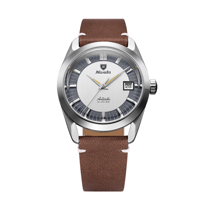Nivada Grenchen Antarctic Glacier Tuxedo 35mm 35020M14 - Lederarmband Braun weiße Naht