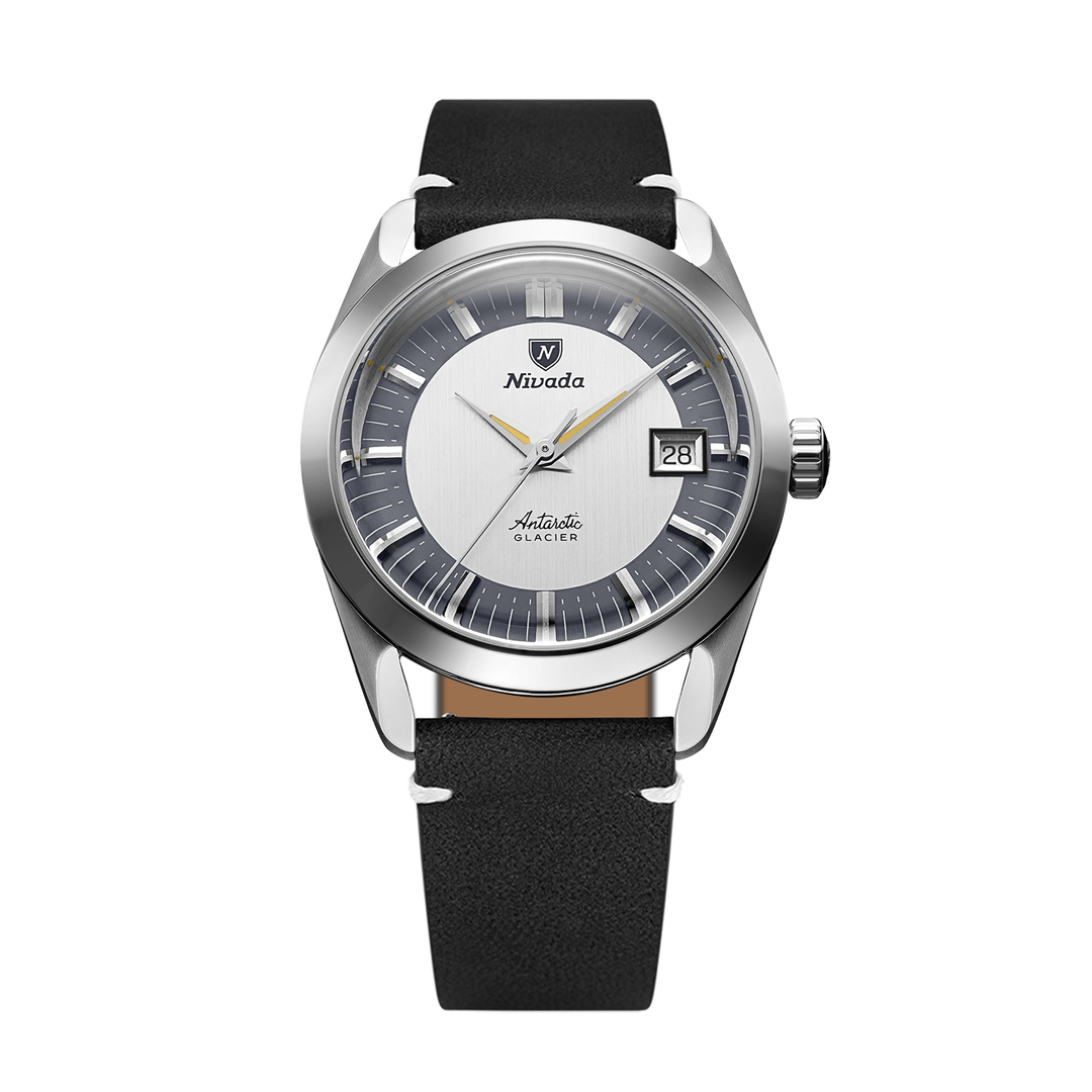 Nivada Grenchen Antarctic Glacier Tuxedo 35mm 35020M15 - Lederarmband Schwarz weiße Naht