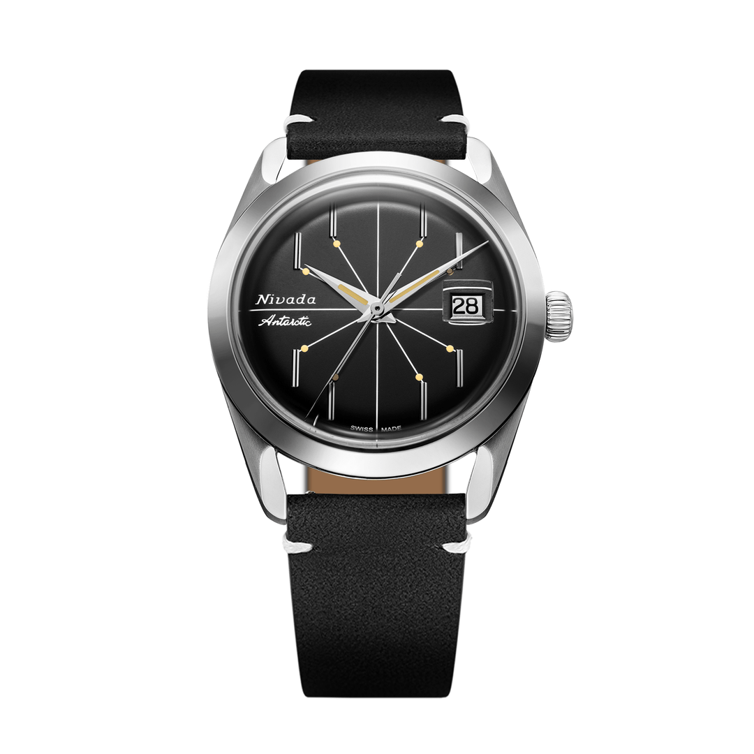 Nivada Grenchen Antarctic Spider Black 38mm 32072A15 - Lederarmband Schwarz weiße Naht