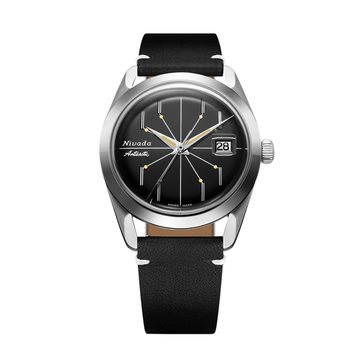 Nivada Grenchen Antarctic Spider Black 38mm 32072A15 - Lederarmband Schwarz weiße Naht