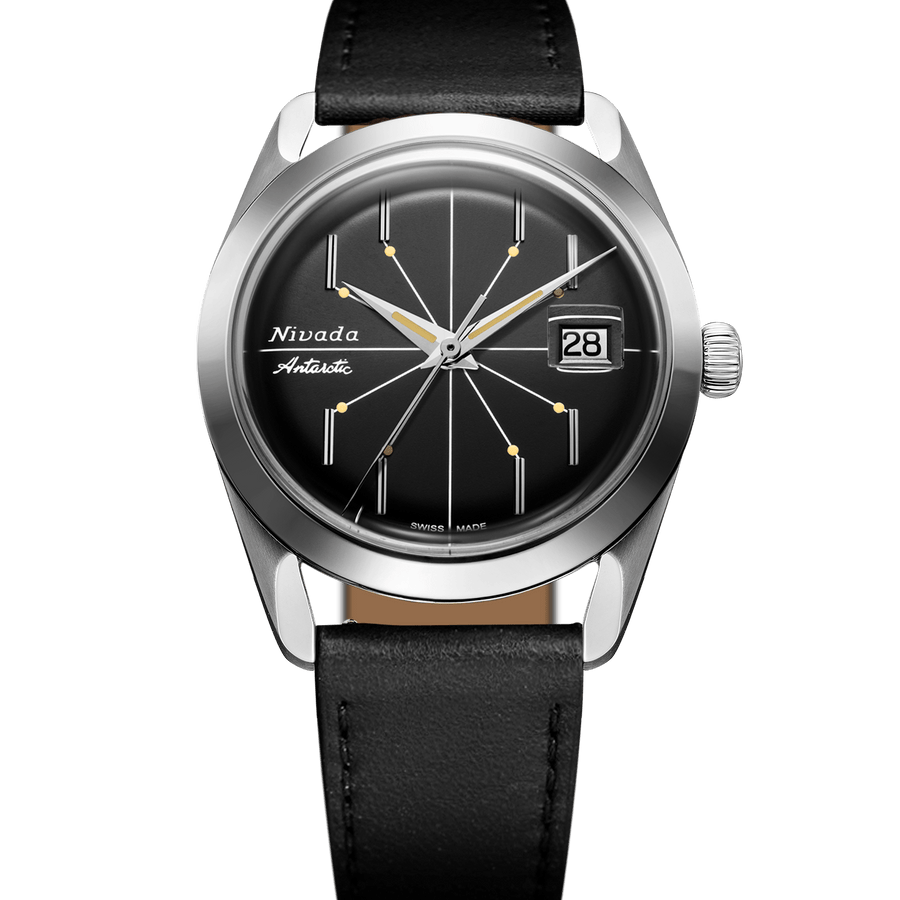 Nivada Grenchen Antarctic Spider Black 38mm 32072A17 - Lederarmband Schwarz
