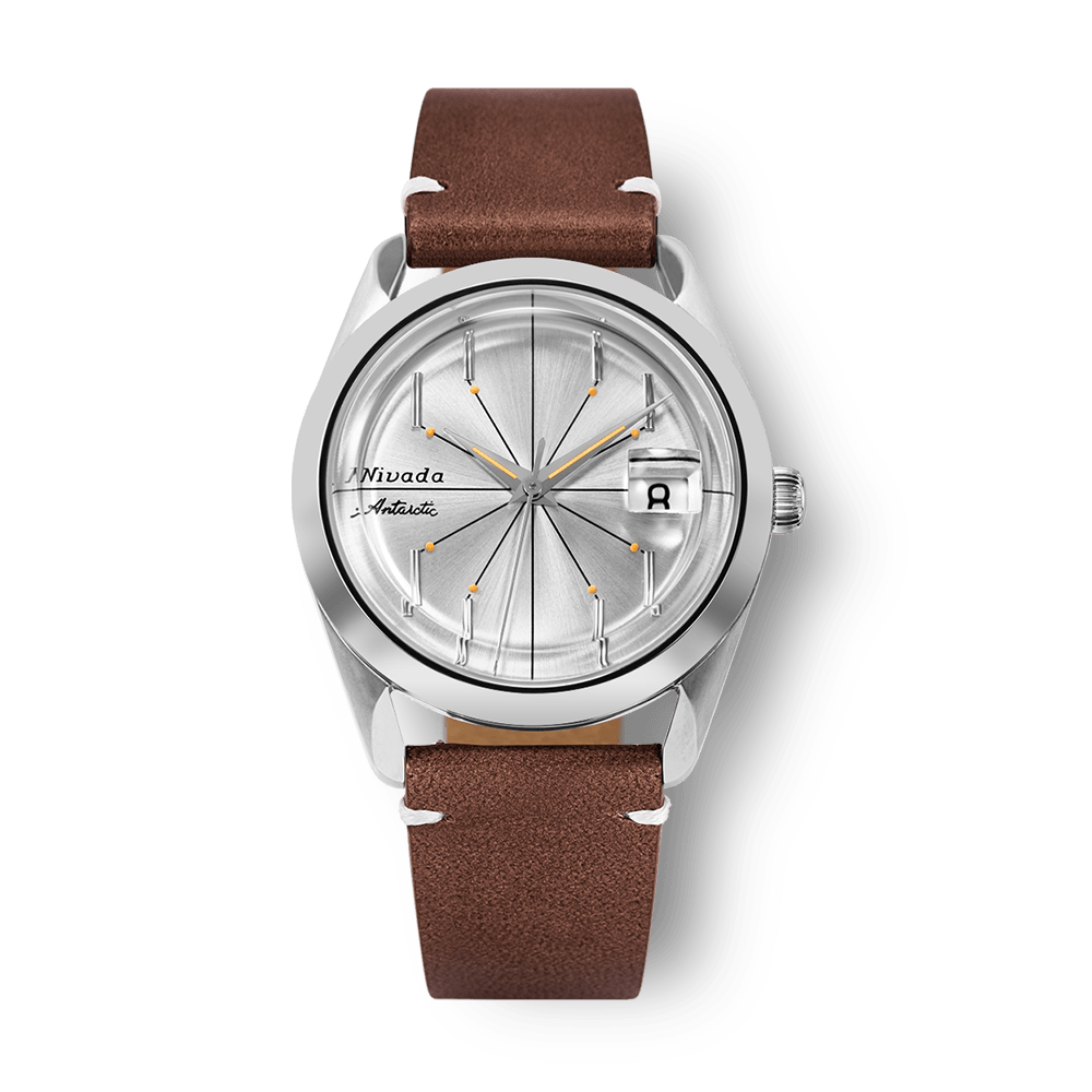 Nivada Grenchen Antarctic Spider Silver 38mm 32023A02 - Lederarmband Braun weiße Naht