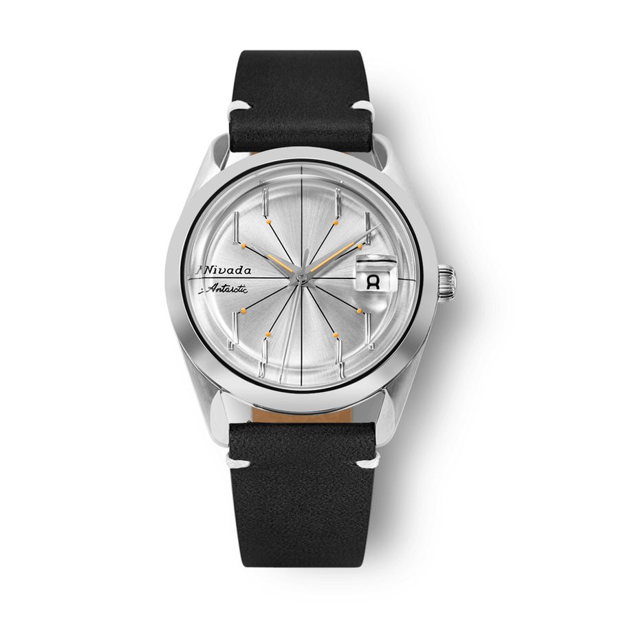 Nivada Grenchen Antarctic Spider Silver 38mm 32023A15 - Lederarmband Schwarz weiße Naht