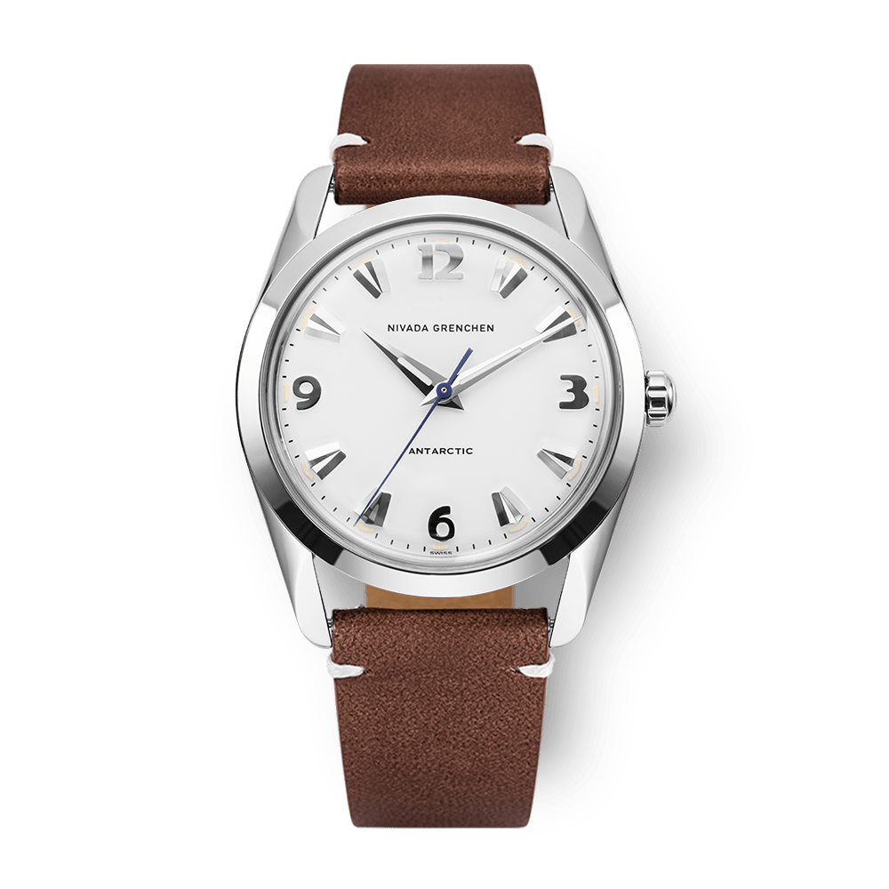 Nivada Grenchen Antarctic White 35mm 35005M14 - Lederarmband Braun weiße Naht
